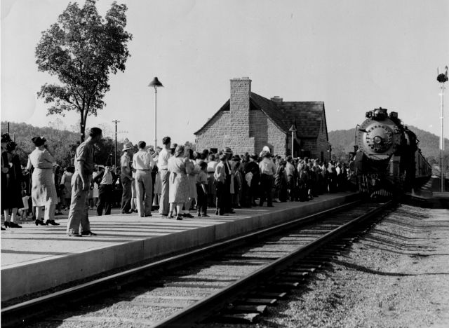 First southbound train arriving at the new train station in Arcadia on 11 September 1941